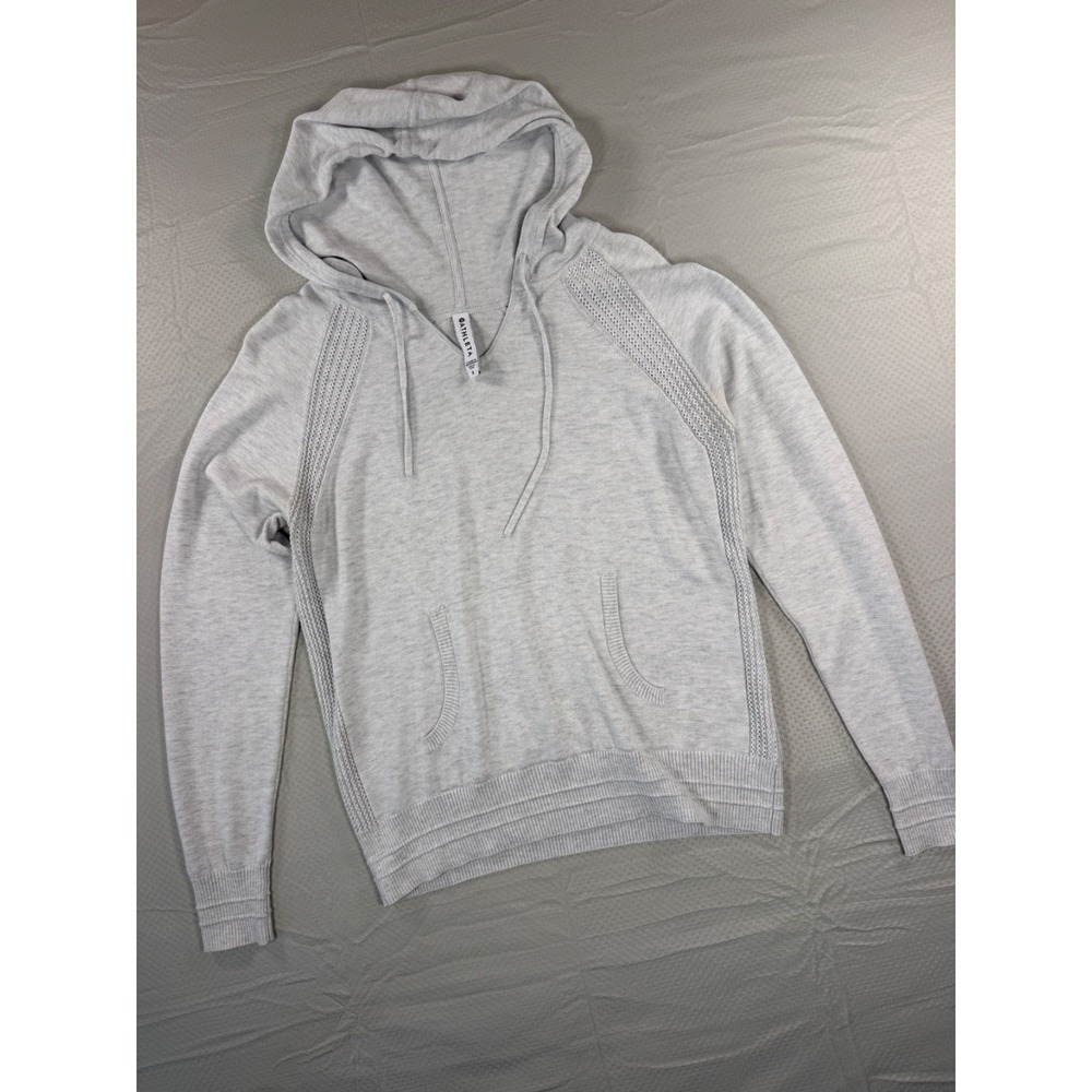 Athleta Womens Small Light Gray Knit V-Neck Hooded Sweater Lightweight Pullover